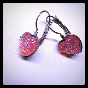 NEW Druzy | Pink heart druzy hanging earrings